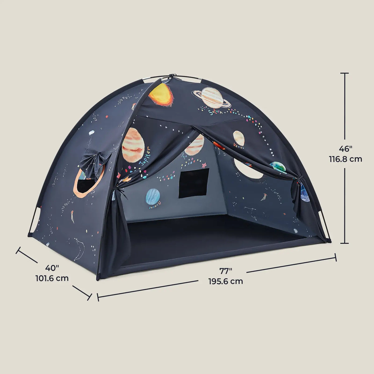 Dark navy space print kids tent with 77 in width and 46 in height