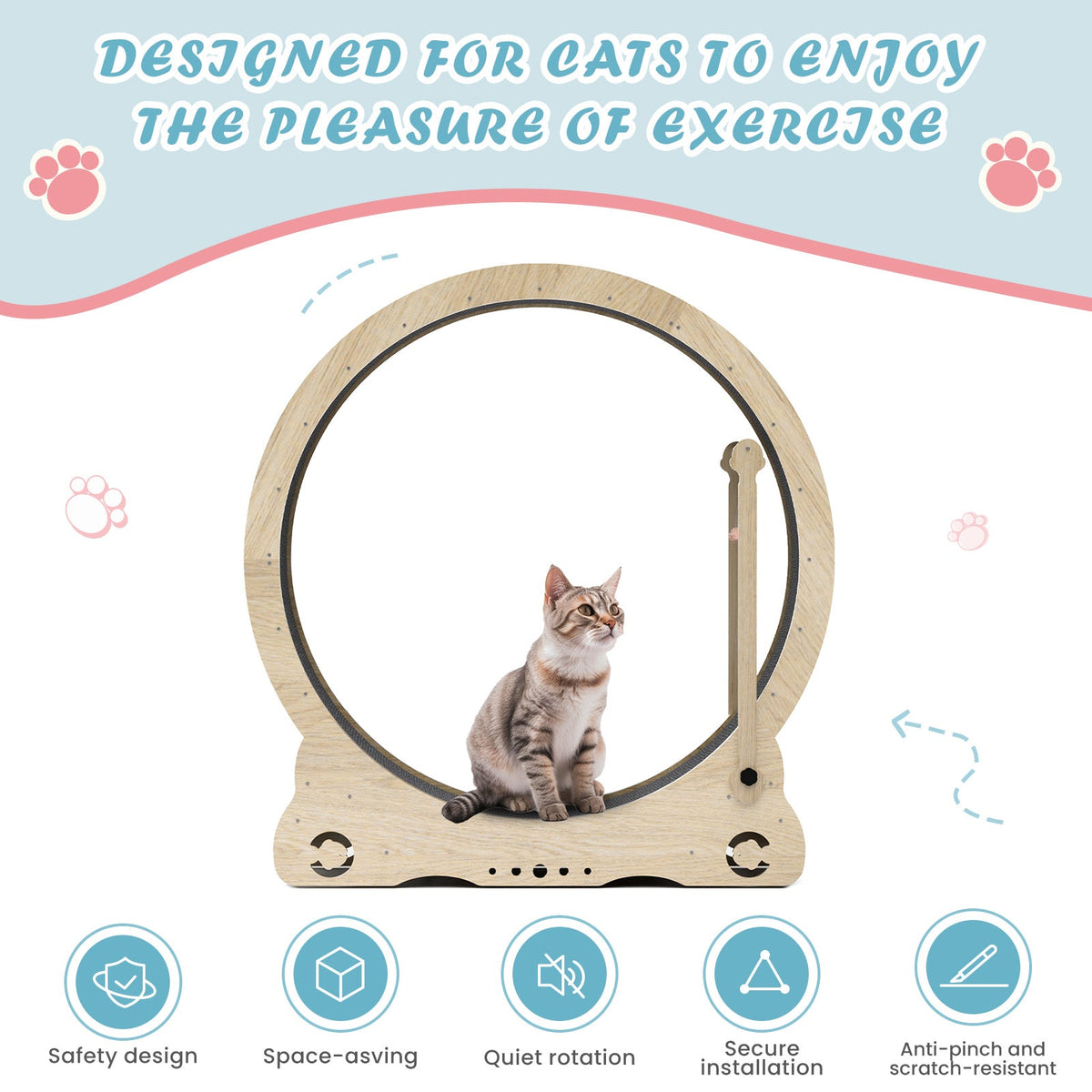 Indoor cat treadmill with carpet, tear device and latch natural wood, 39.4 inches long x 13.2 inches wide x 41.3 inches high