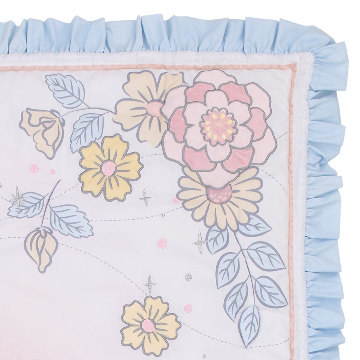 Crib skirt fabric with large pastel flowers, leaves, and light blue ruffle border