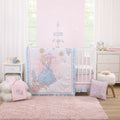 3-piece crib bedding set with light blue ruffled comforter, sheet, and skirt