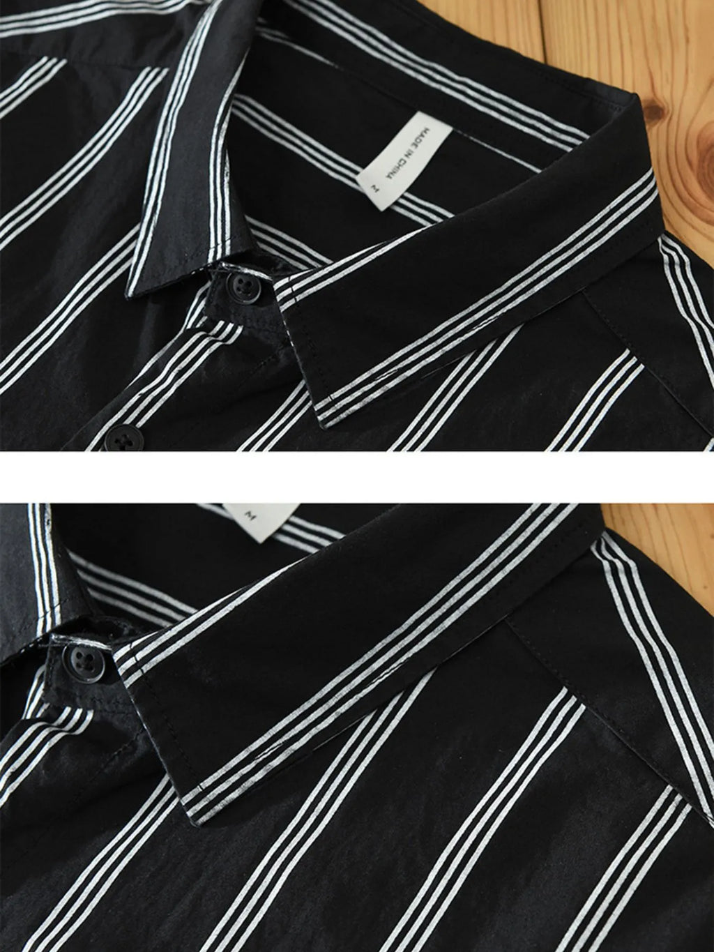Plus-size striped short-sleeve button-up shirt collar detail, dark with white stripes