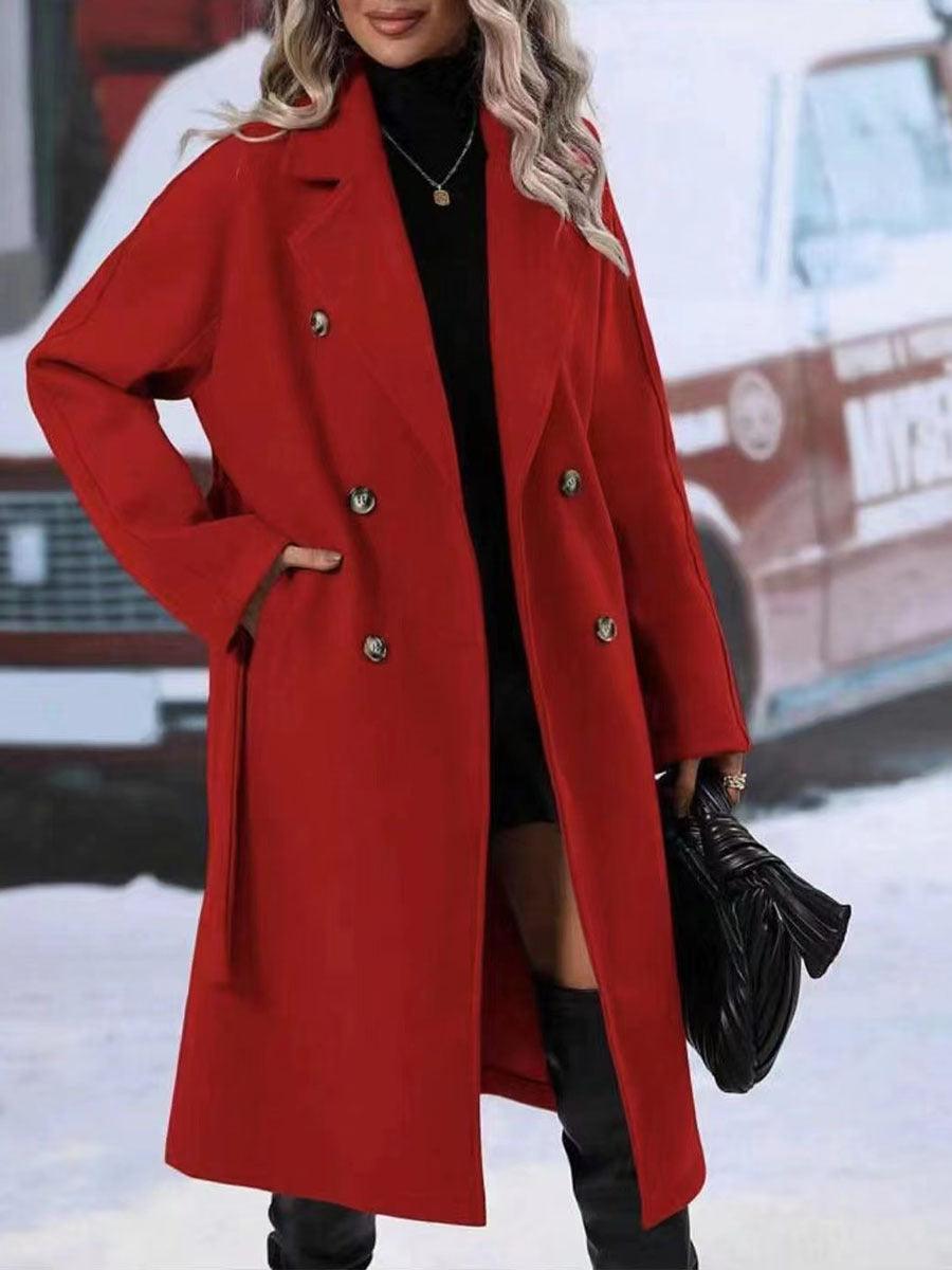 Women’s red long double-breasted trench coat with notched lapels and button front