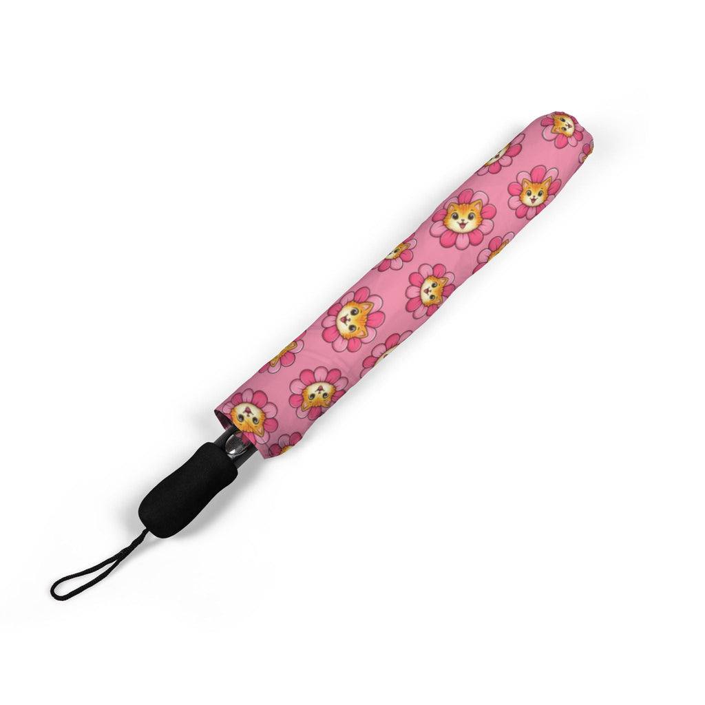 Cat-pattern compact umbrella strap/sleeve in pink with black end cap