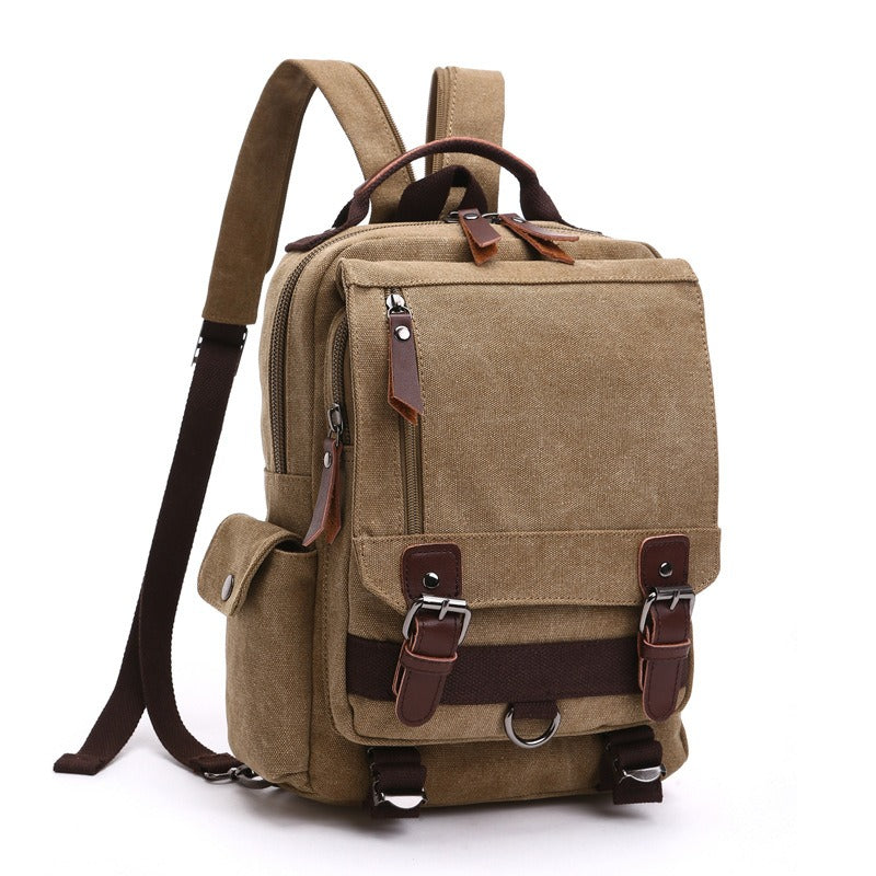 Khaki canvas backpack with front flap pocket, side zipper, and adjustable shoulder straps