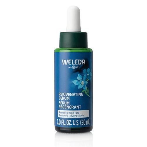 Weleda rejuvenating serum bottle with green glass dropper and blue label, 30 ml