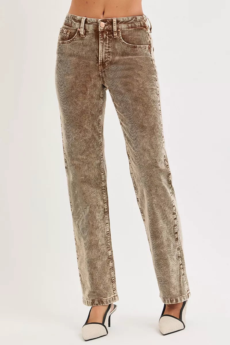 Mocha corduroy straight-leg pants with mid-rise waistband and front button closure