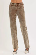 Mocha corduroy straight-leg pants with mid-rise waistband and front button closure