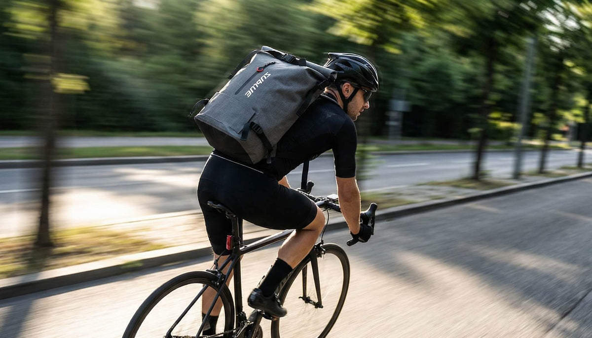Gray waterproof 30L roll-top backpack worn while riding a bicycle, with front logo patch
