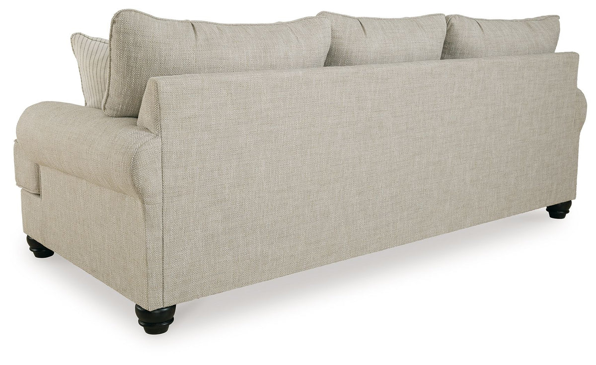 Fog sofa with light beige fabric upholstery and dark legs