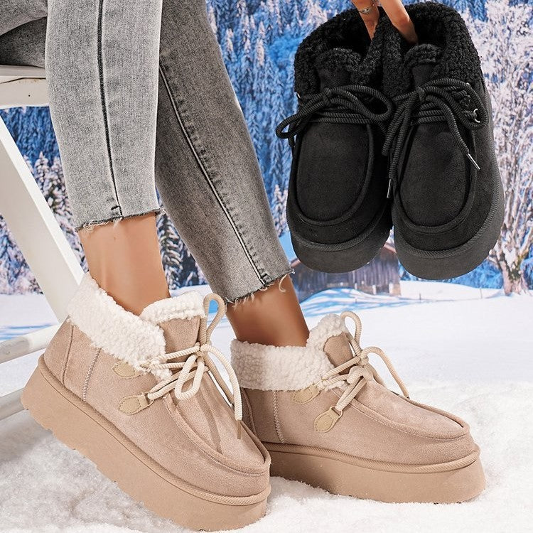 Fleece-lined snow boots, beige suede look with lace-up and sherpa cuff, thick sole