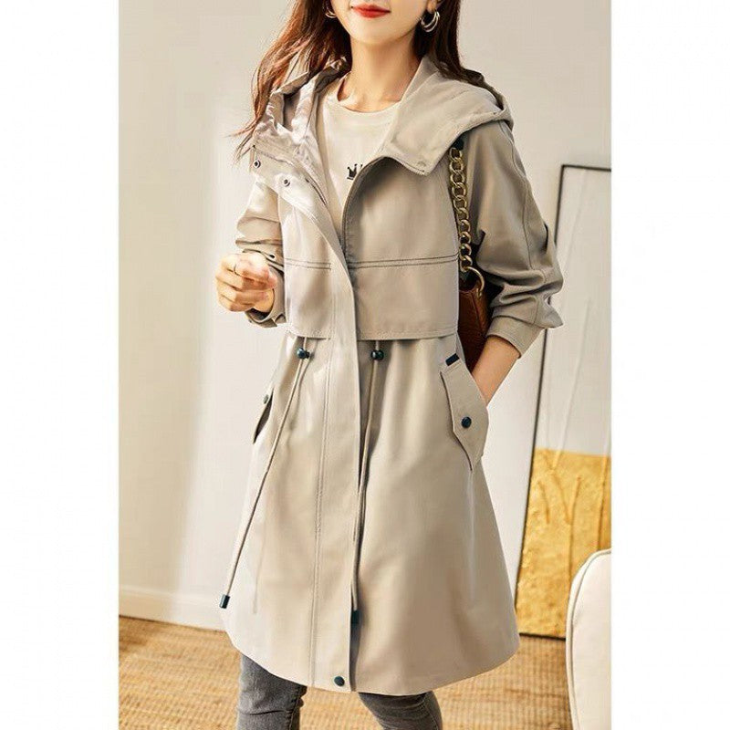 Women's hooded windbreaker coat in light beige, button front, drawstring waist, patch pockets