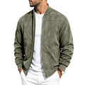 Men's suede long-sleeve zip-up jacket with stand collar, olive green