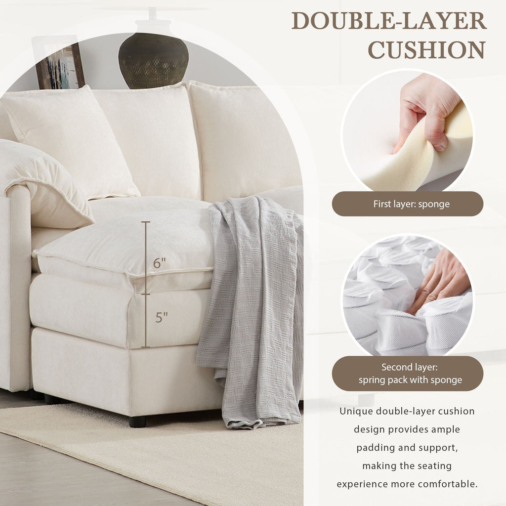 Beige sectional sofa seat with thick double-layer cushion and curved corner arm