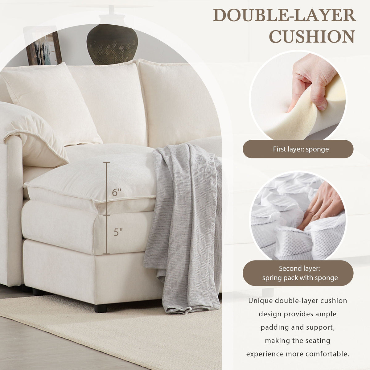 Beige sectional sofa seat with thick double-layer cushion and curved corner arm