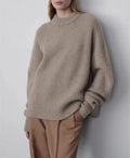 Plus-size crew-neck pullover sweater, loose fit, camel-beige knit