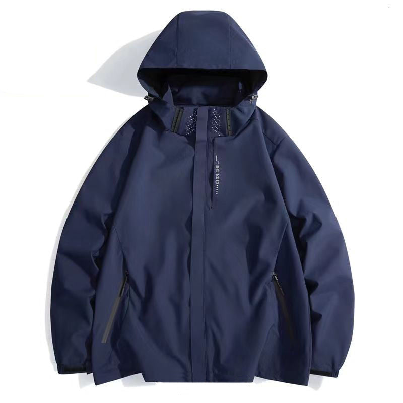 Men's windproof waterproof jacket, navy blue, hooded with zip front and concealed side pockets
