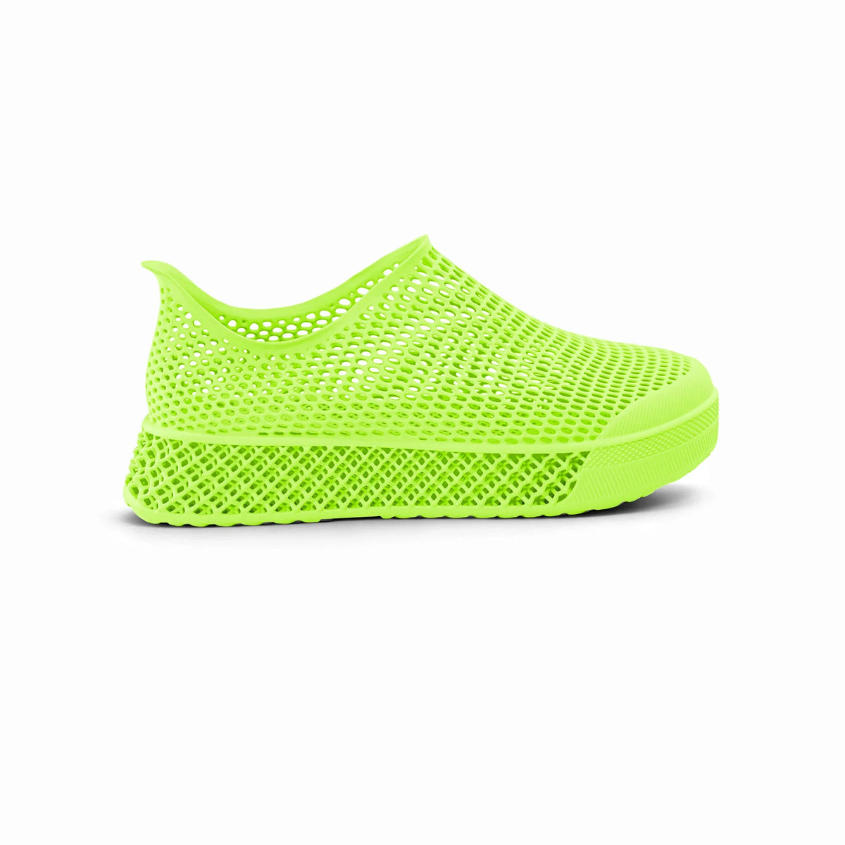Neon green 3D-printed casual sneakers with perforated mesh upper and low slip-on fit