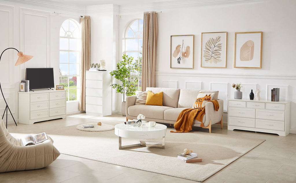 White multi-drawer dresser chest with chrome pulls in a bright living space