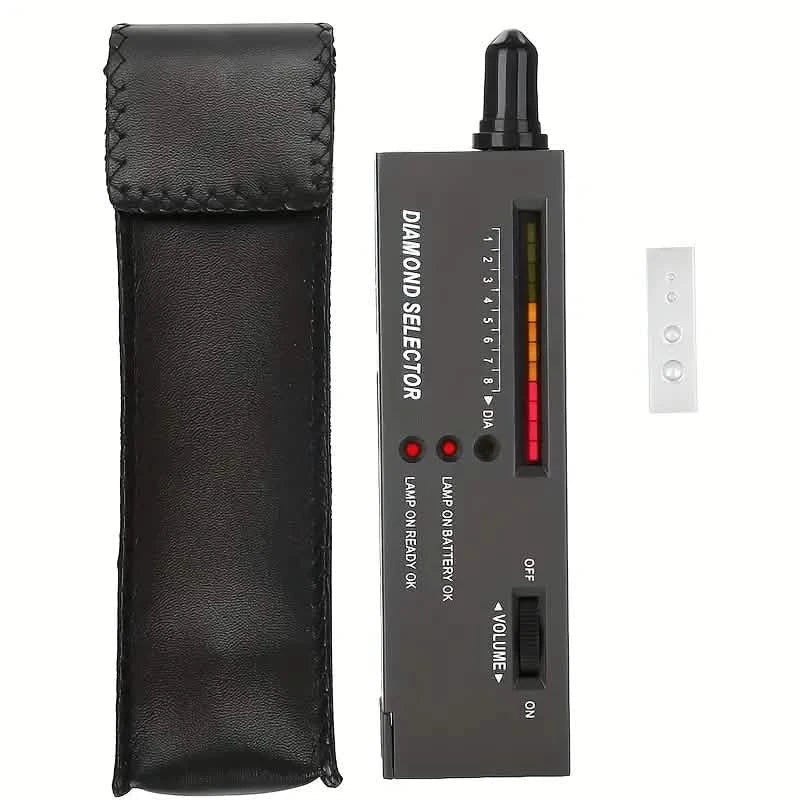 Black gemstone tester with pouch case and front display with color indicator bar