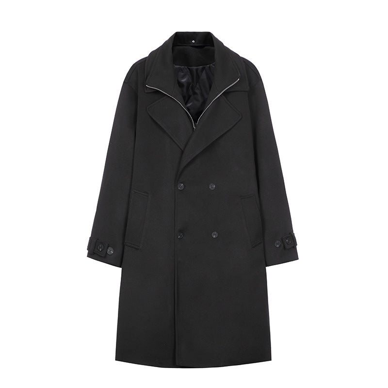 Black double-breasted long trench coat with notched lapels, flap pockets, and button front