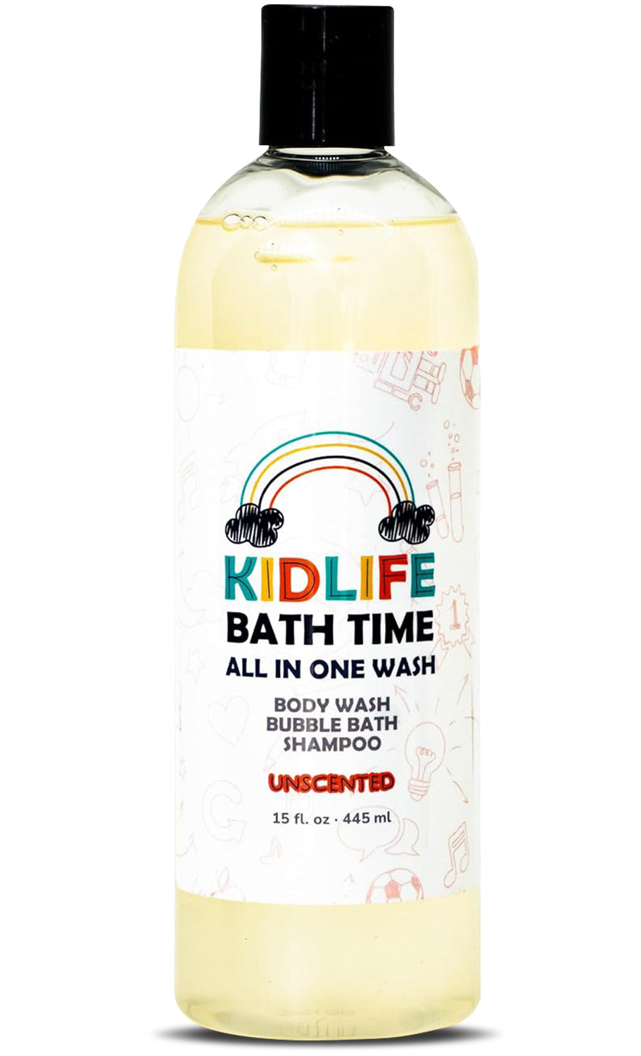 Kidlife Bath Time 3-in-1 all in one wash bottle, unscented, pump-less black cap