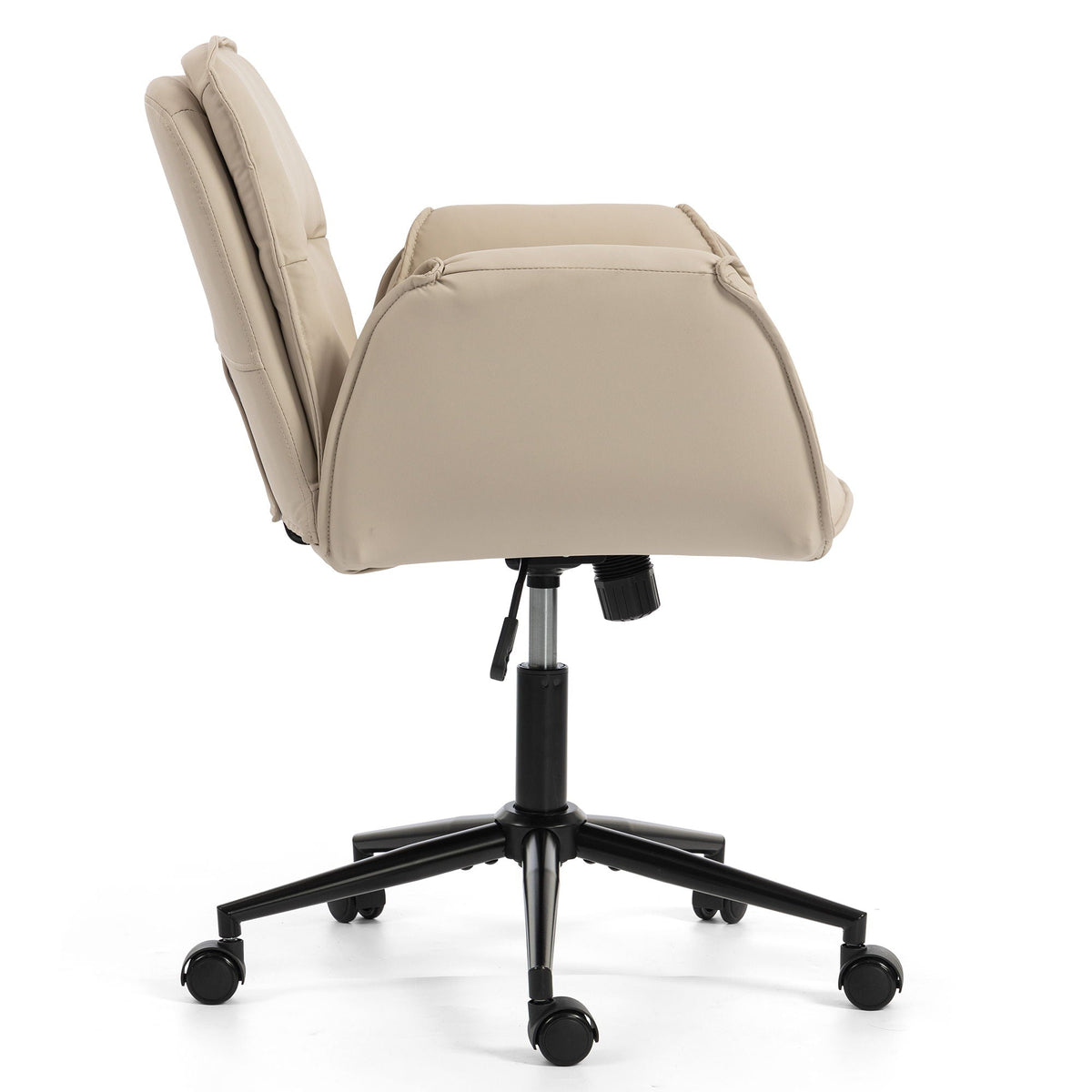 Beige swivel desk chair with adjustable armrests and wheeled base