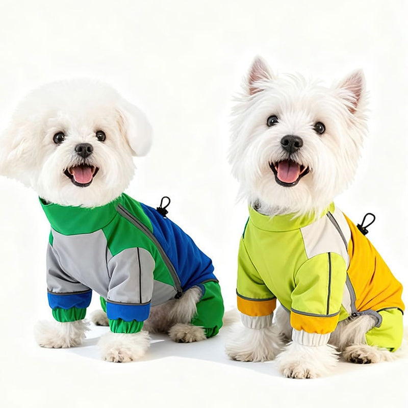 Waterproof color-block dog jumpsuit with reflective trim, adjustable fit