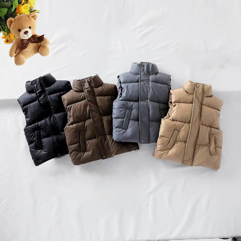 Children’s winter puffer vest coat set with black, brown, gray, and beige vests