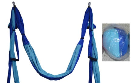 Blue yoga swing hammock with black strap sections and hanging loops