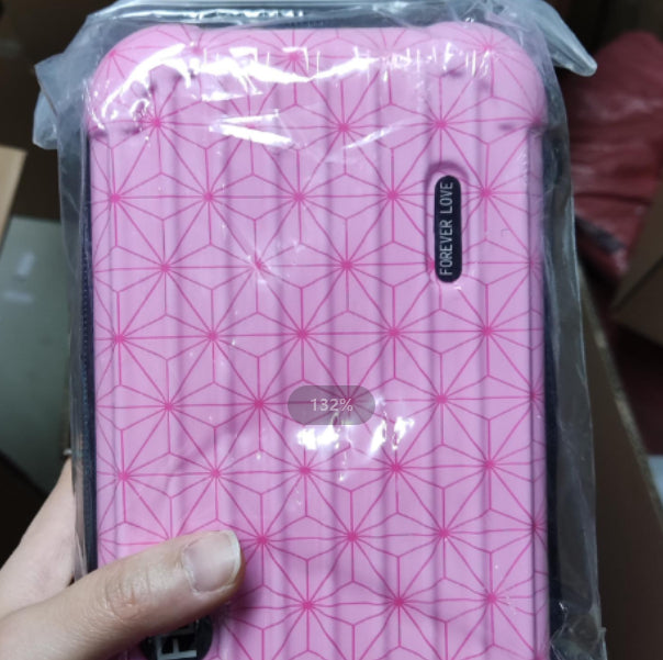 Pink geometric cosmetic bag with zipper and "Forever Love" tag