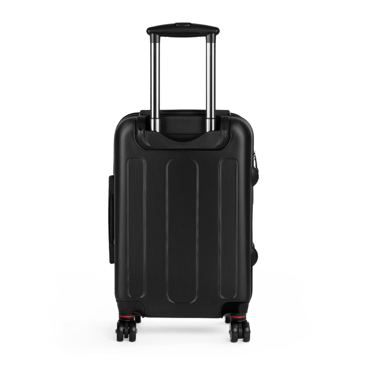 Hard-shell suitcase front view with telescoping handle and four spinner wheels, black