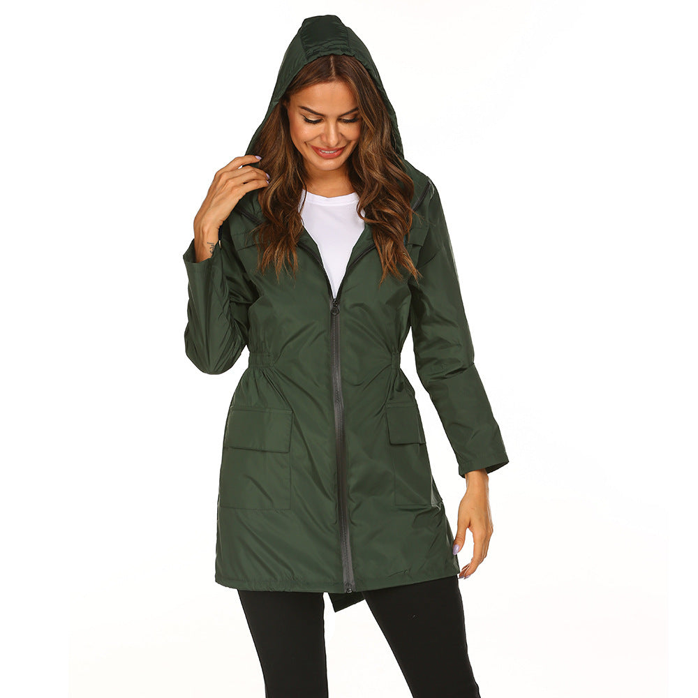 Women’s hooded waterproof raincoat, dark green, zip front, drawstring waist, side pockets