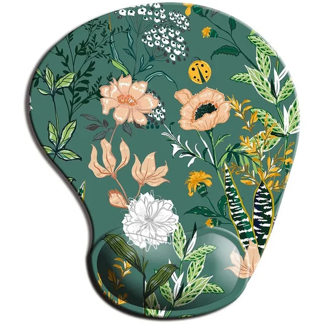 Ergonomic mouse pad with wrist rest, dark green floral botanical print with orange and white flowers