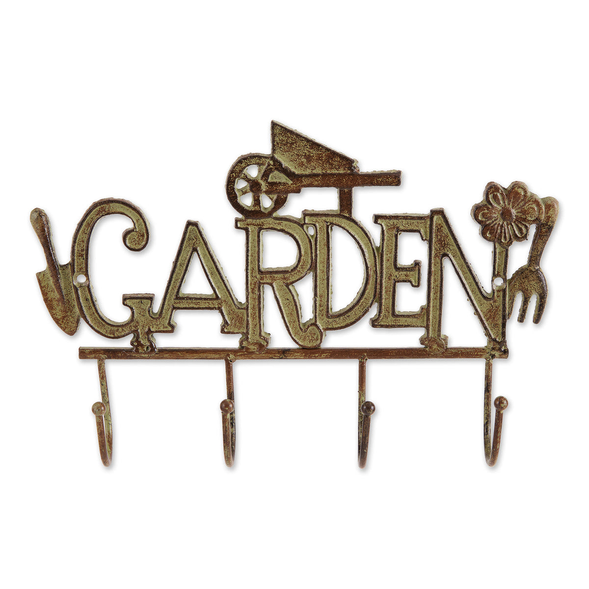Garden cast iron wall hook with raised word 'Garden' and five decorative hooks