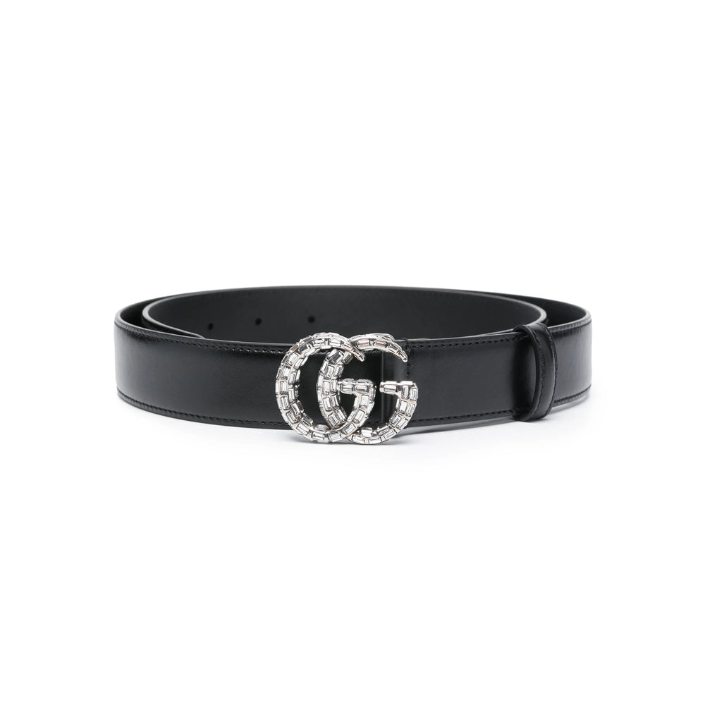 Gucci black leather belt with large silver GG buckle