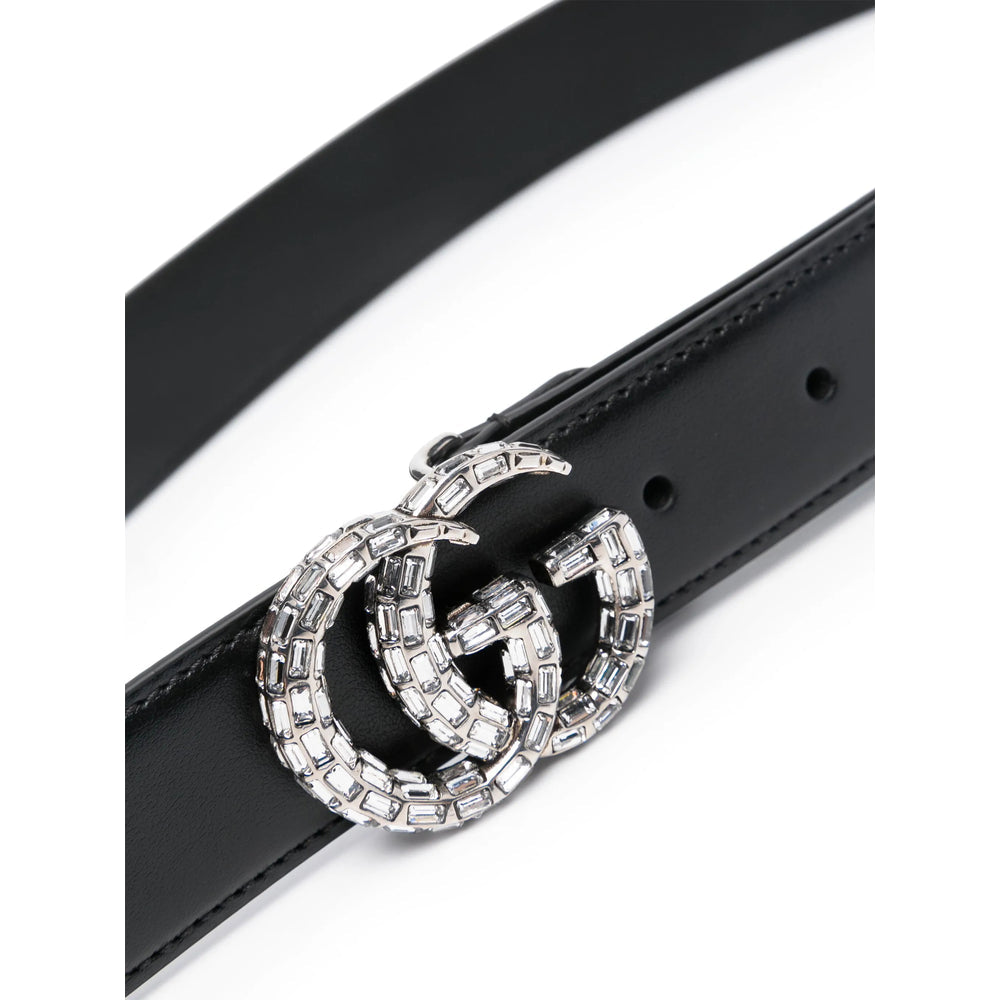 Gucci black leather belt with silver GG buckle and punched holes