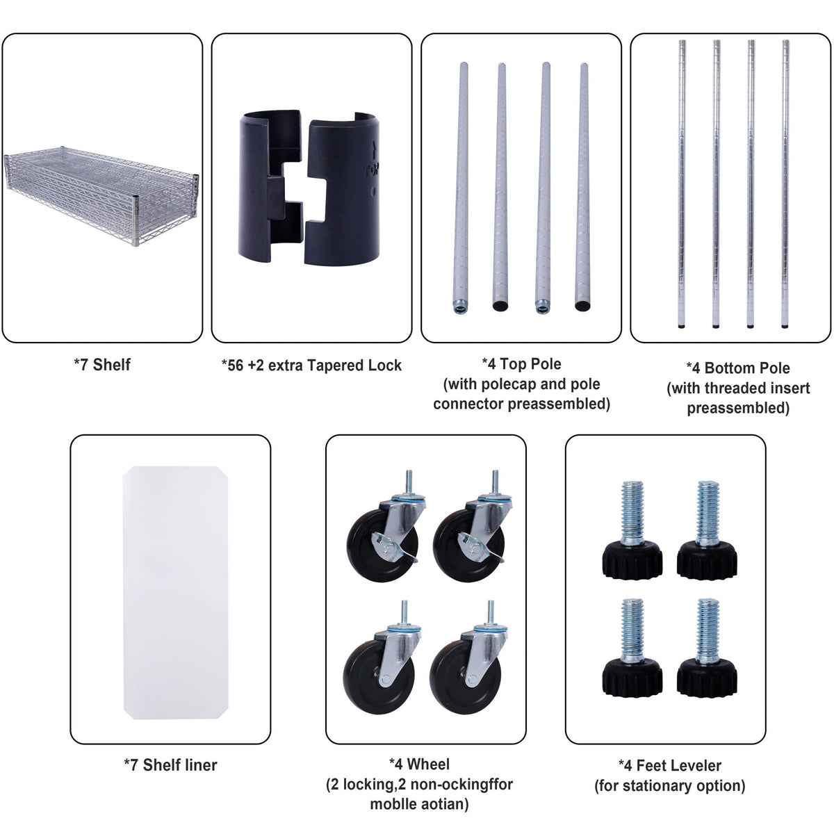 Wire shelving unit parts set: adjustable poles, wheel options, and shelf liners