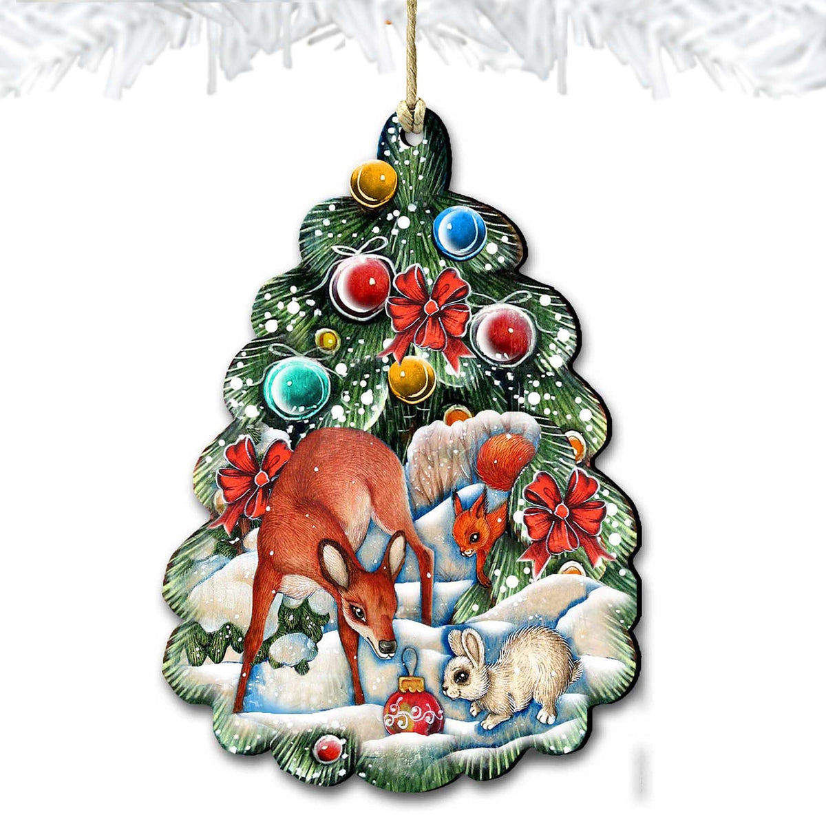 Hanging wooden Christmas tree ornament with green design and woodland animals