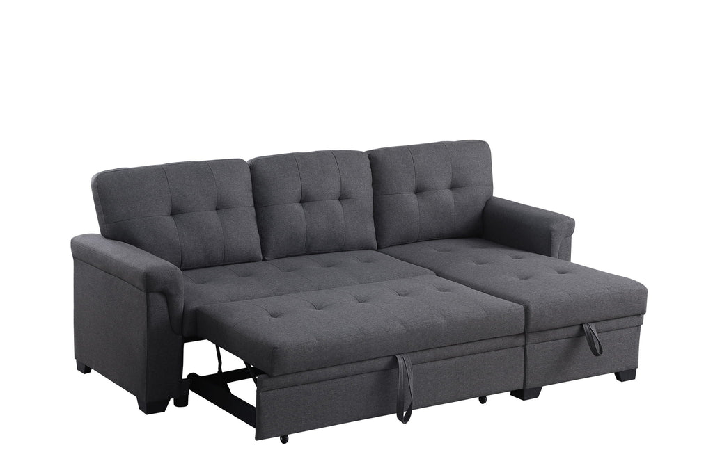Dark gray sectional sofa with storage chaise, tufted seat and back cushions, open chaise.