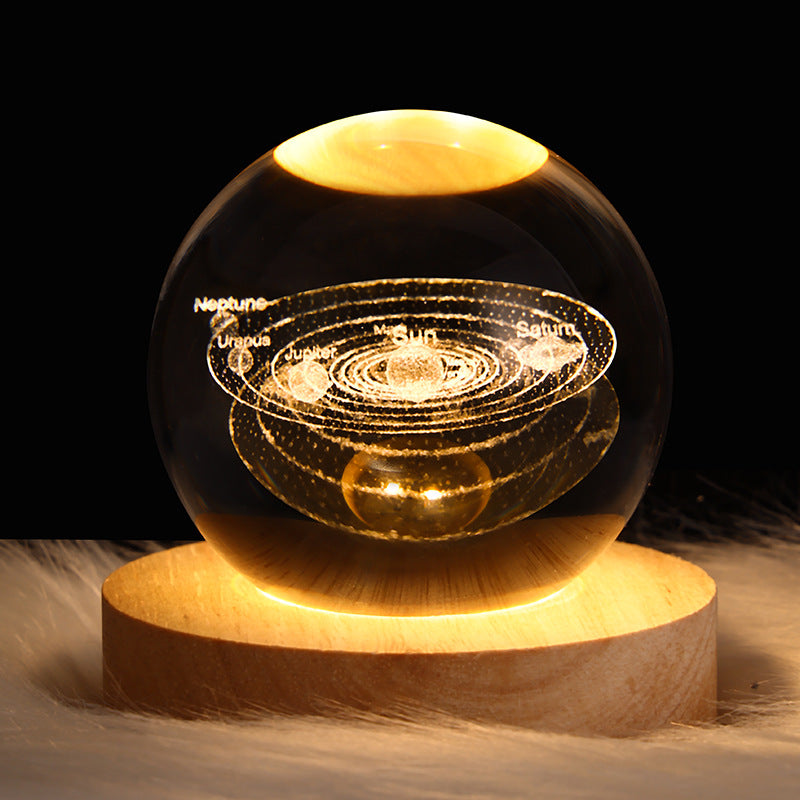Galaxy crystal ball table lamp with glowing orbit patterns and planet shapes in glass