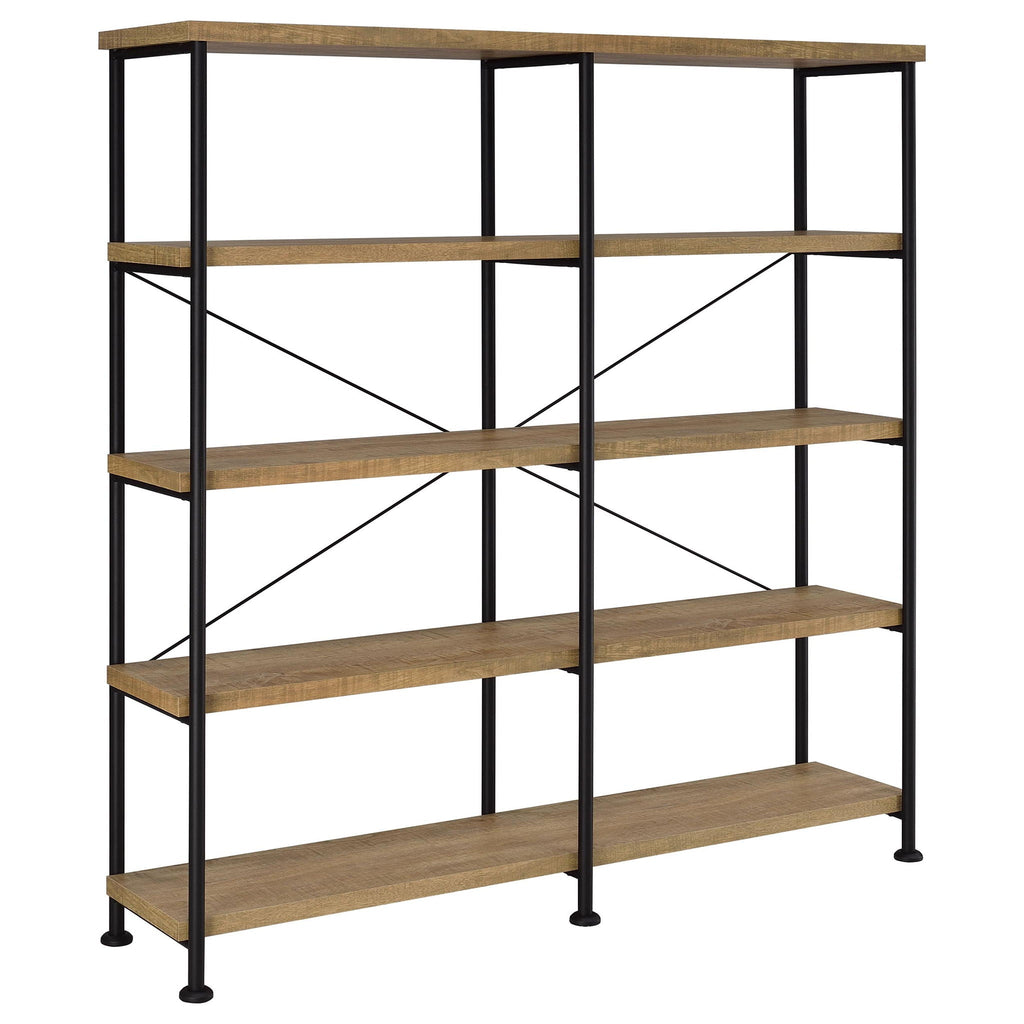 4-shelf double bookshelf with black metal frame and mango wood shelves