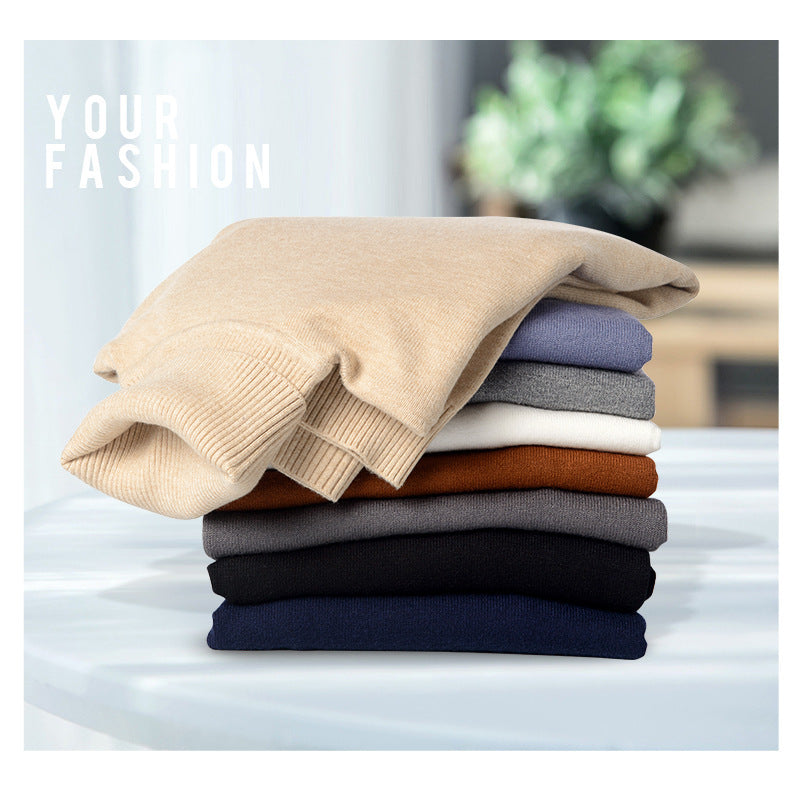 Folded mens turtleneck sweaters in beige, gray, and dark blue