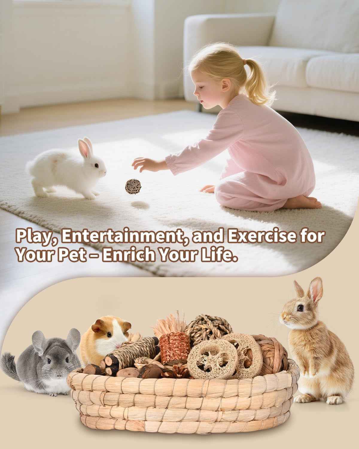 Rabbit playing with a chew ball beside a basket of assorted chew toys