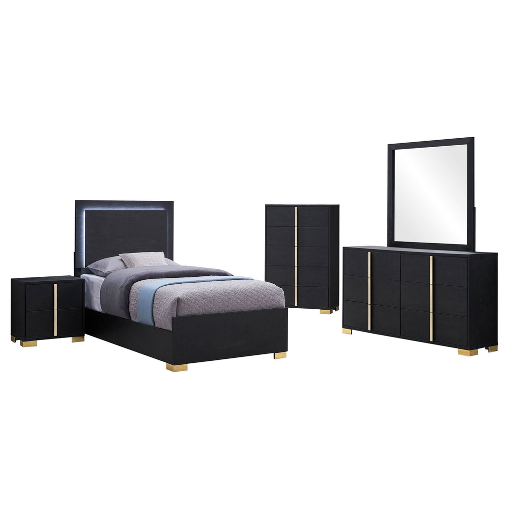Black twin bedroom set with platform bed, matching nightstands, dresser, and wall mirror