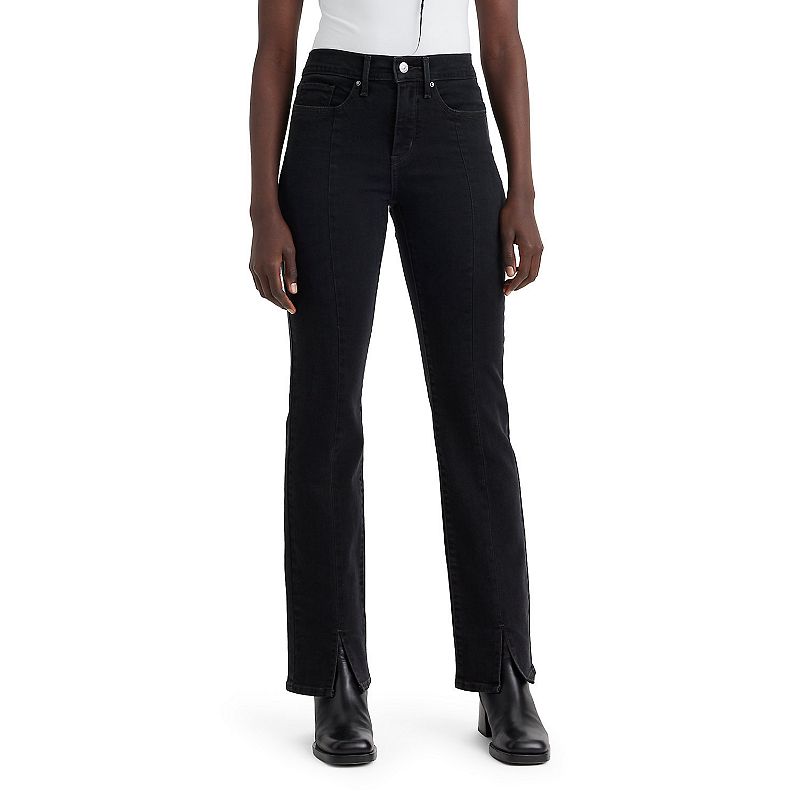 Black straight-leg jeans, button fly, five-pocket styling