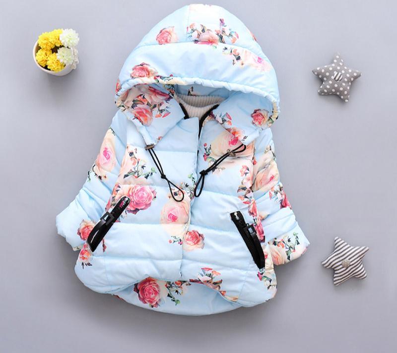 Infant light blue floral puffer jacket with hood, zip-front and drawstring ties