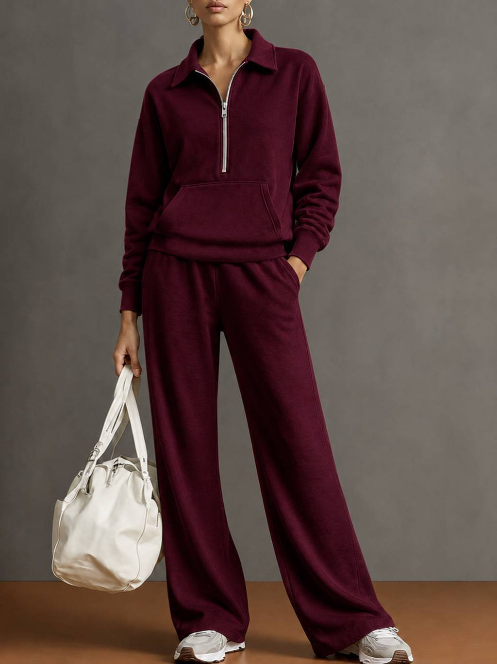 Women’s half-zip sweatshirt and wide-leg pants set, burgundy lounge outfit