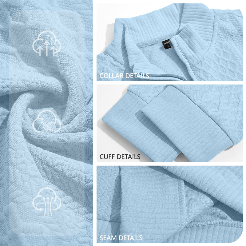 Light blue textured knit half-zip pullover close-up of collar, cuff, and seams