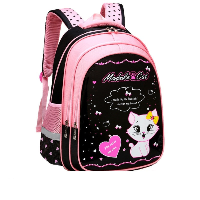 Pink and black kids school backpack with mesh side pocket and cute cat illustration