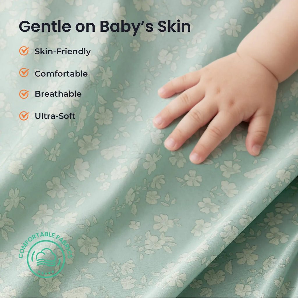 Mint green 3-in-1 play tunnel fabric with clover pattern, soft and breathable